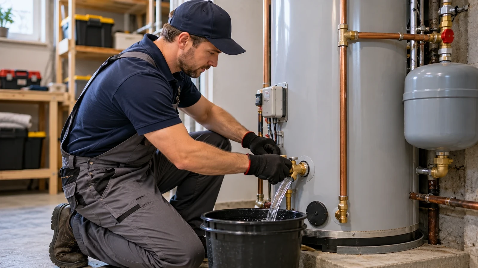 Plumber draining a water heater during routine maintenance