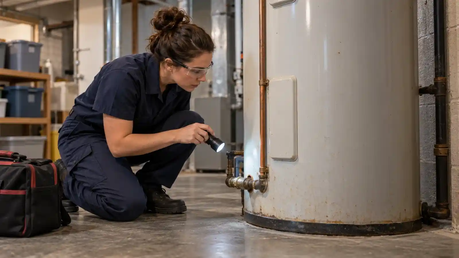 Technician inspecting an aging water heater with a flashlight