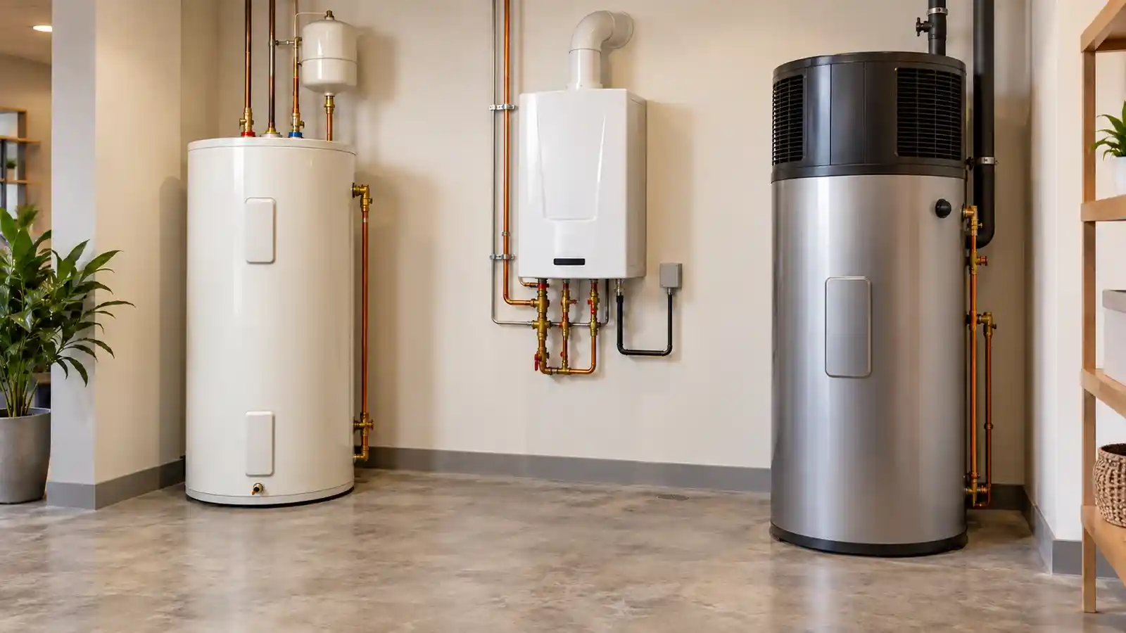 Storage, tankless and heat pump water heaters displayed together in a plumbing showroom
