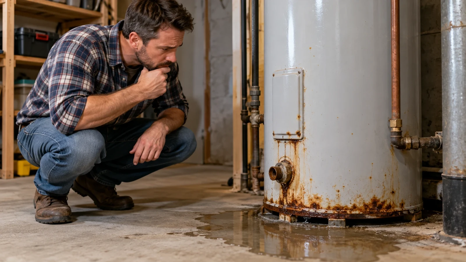 Rusted water heater leaking water onto the floor