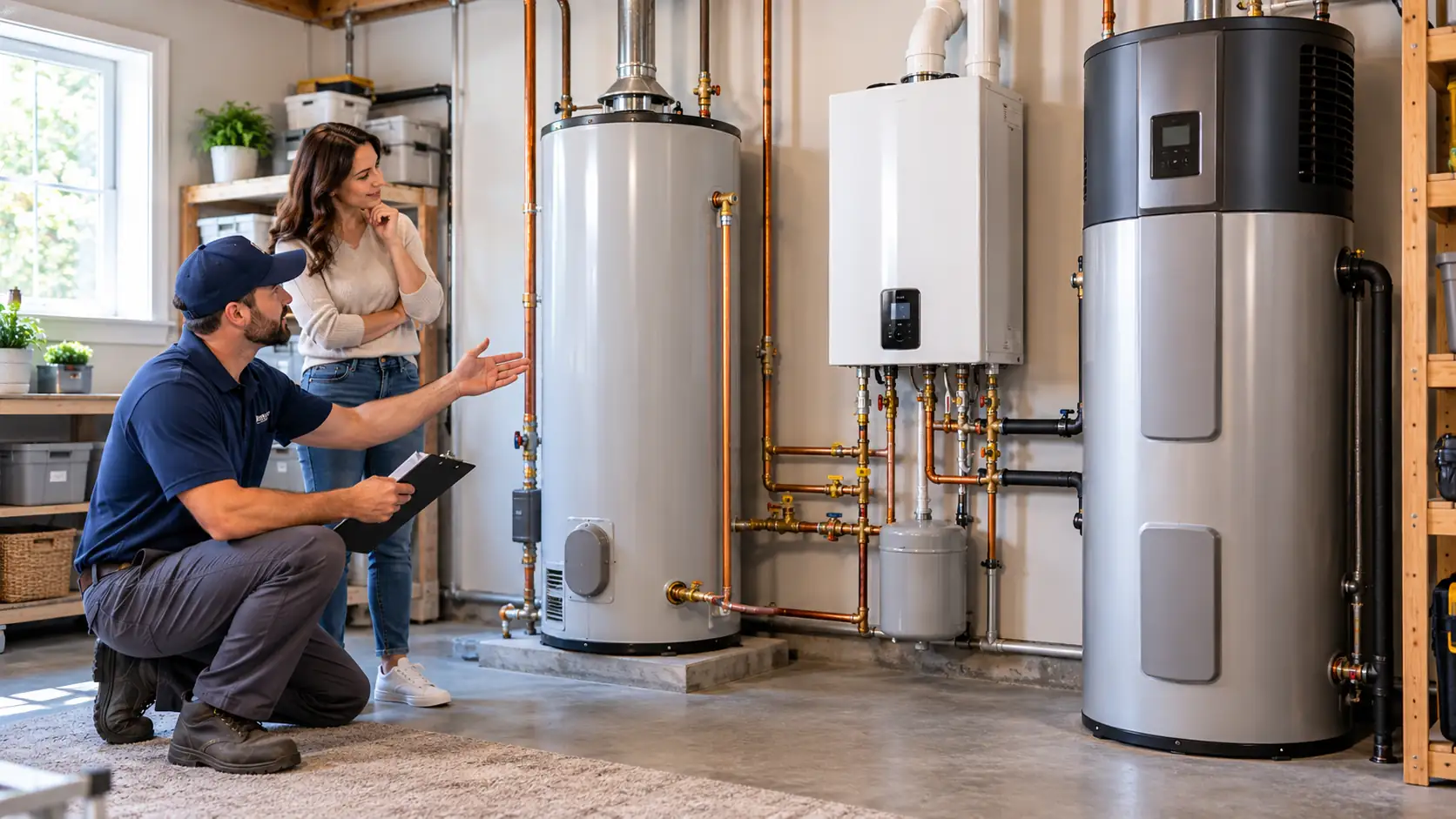 Plumber explaining different water heaters, including tank, tankless, and heat pump models, to a homeowner.