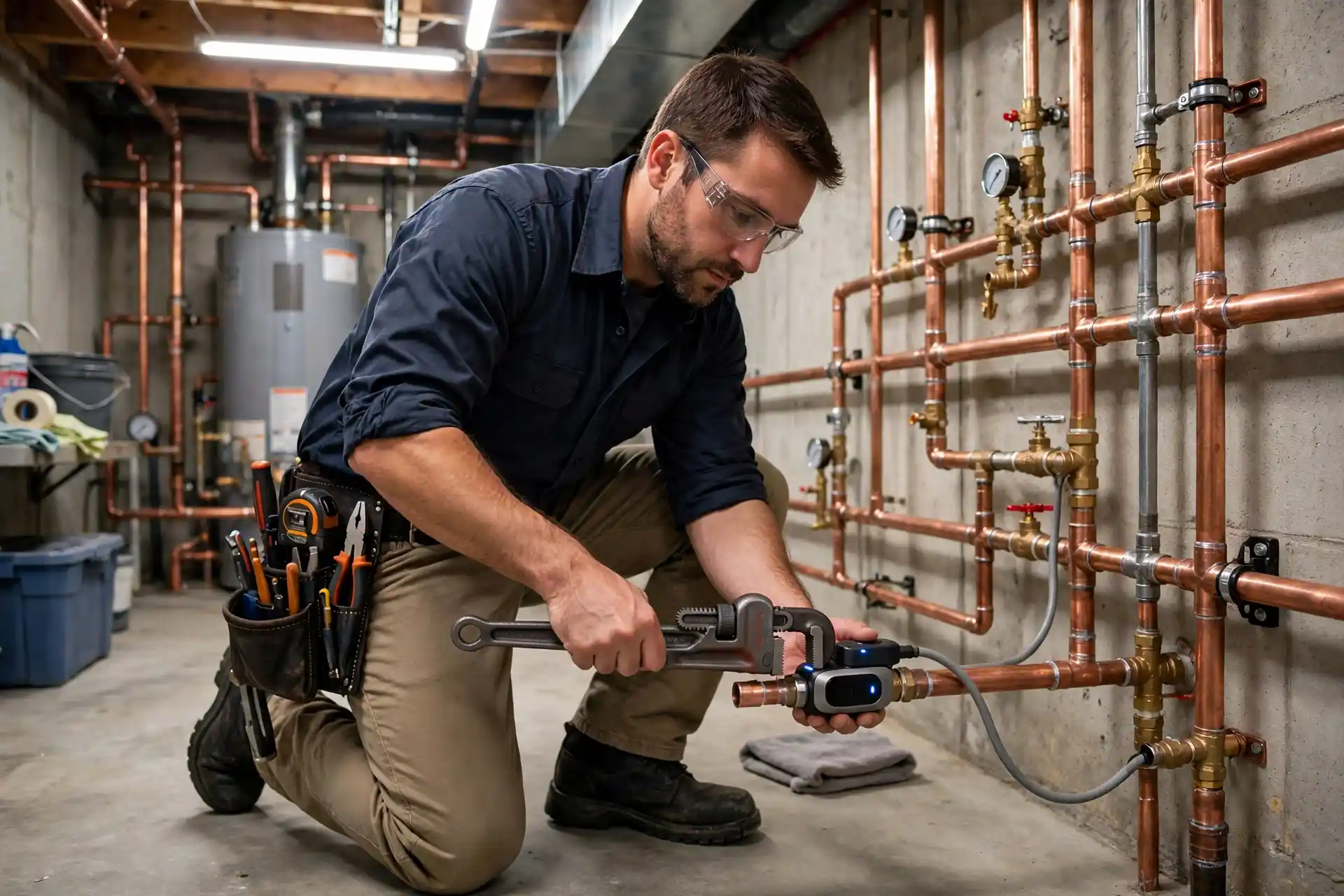 Licensed plumber installing a smart shut-off valve on a main water line