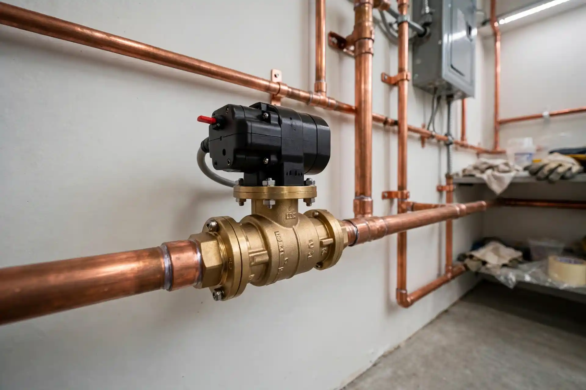 Motorized ball valve in closed position on a home main water line
