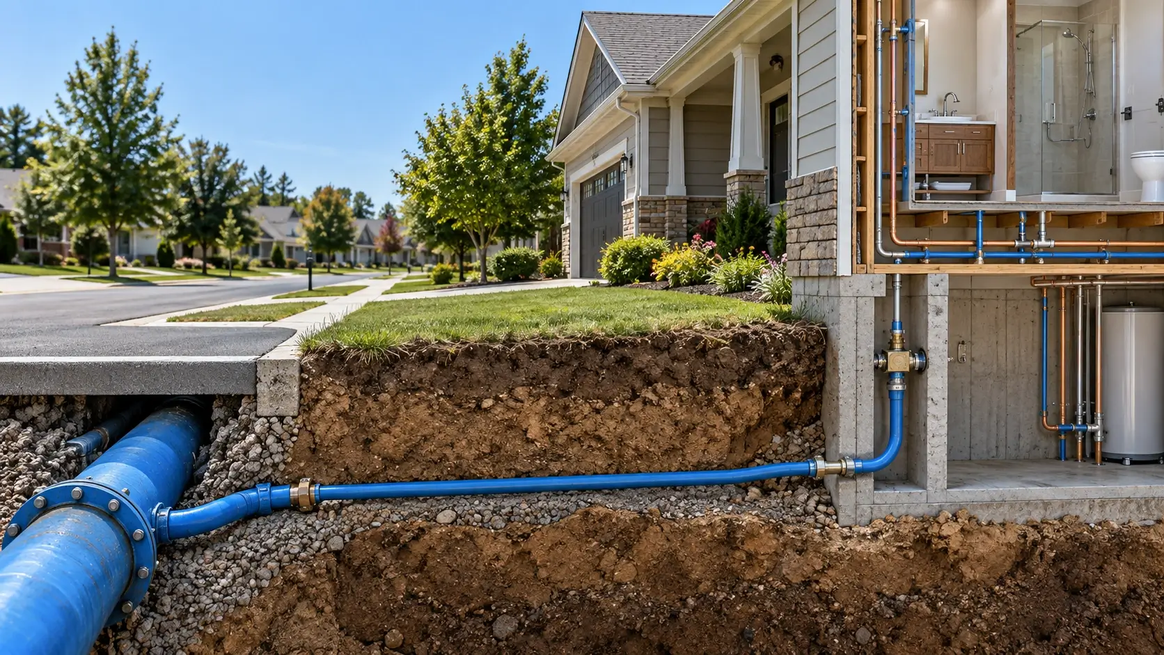 Residential water service line connecting the public water supply to a home