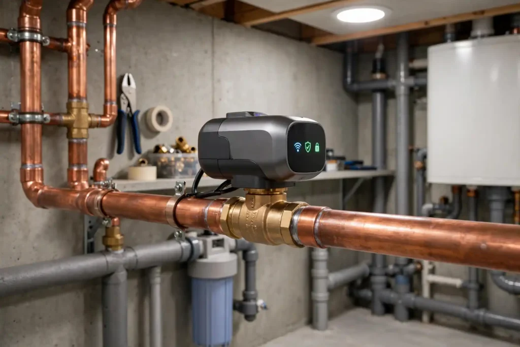 Smart whole-home water shut-off valve installed on a copper main water line