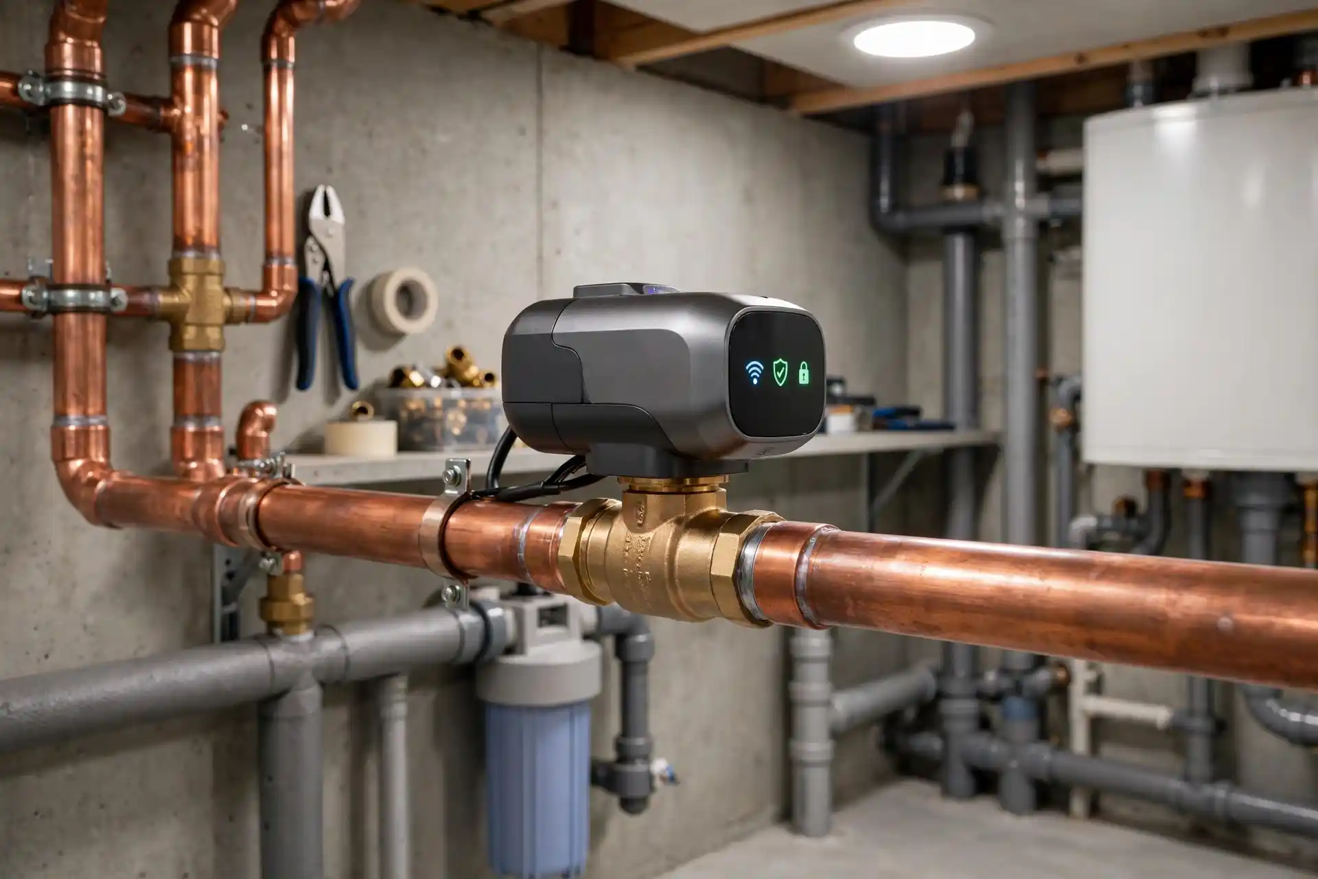 Smart whole-home water shut-off valve installed on a copper main water line