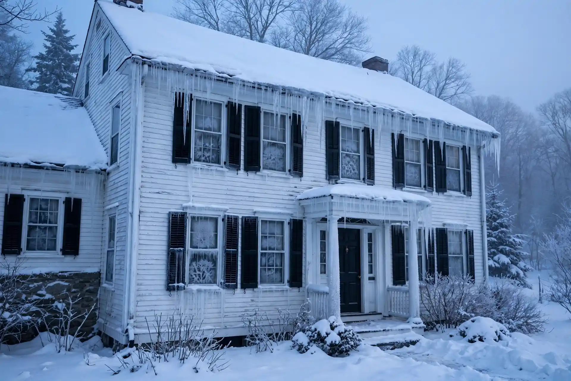 Snow-covered New England colonial house in winter