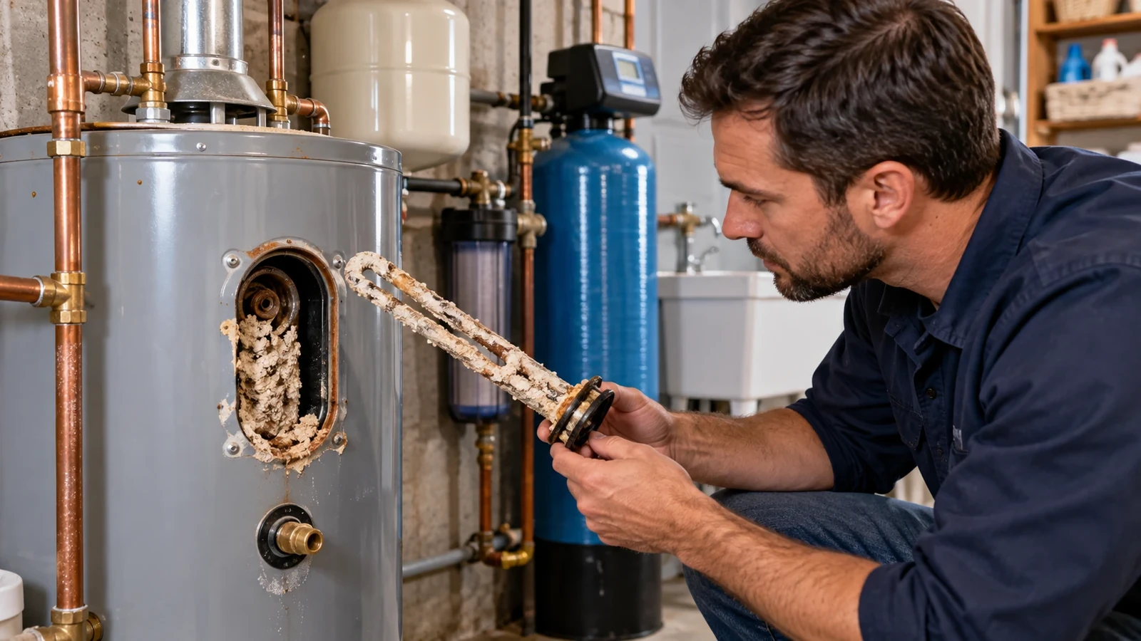 Technician inspecting mineral buildup inside a residential water heater