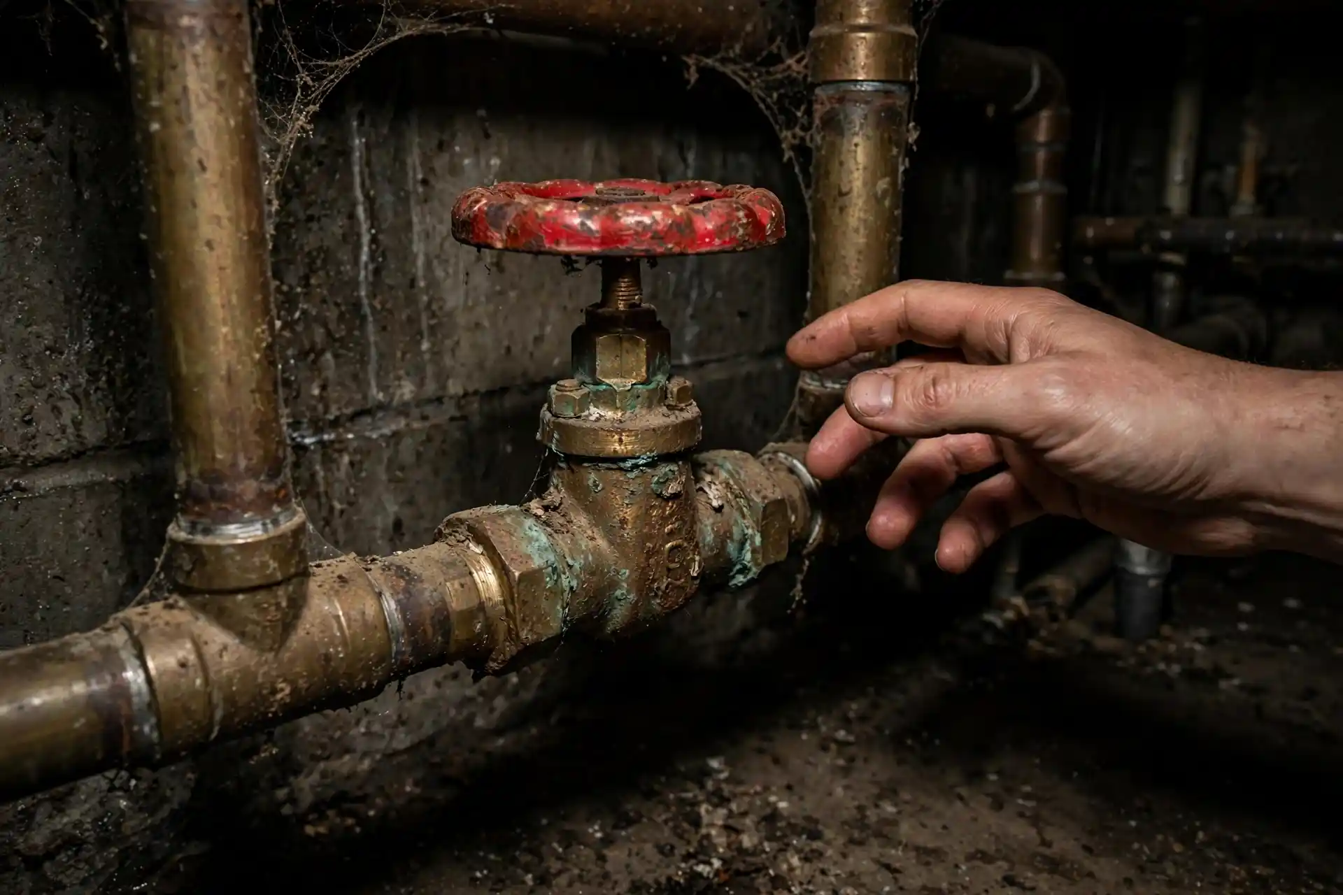 Old corroded gate-style main water shut-off valve with red wheel handle