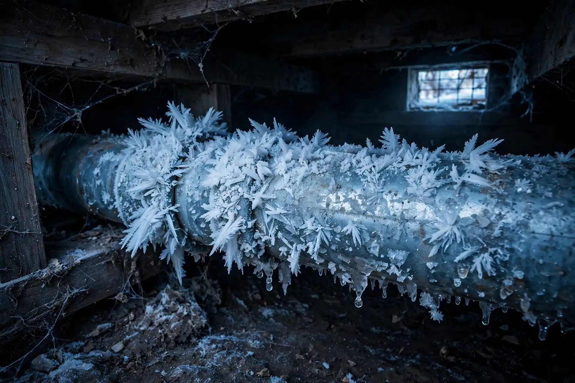 Frozen water pipe covered in frost inside a cold crawl space